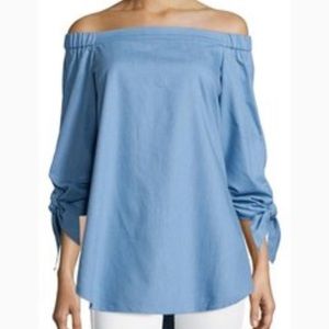 Chicwish chambray off shoulder tie sleeve tunic
